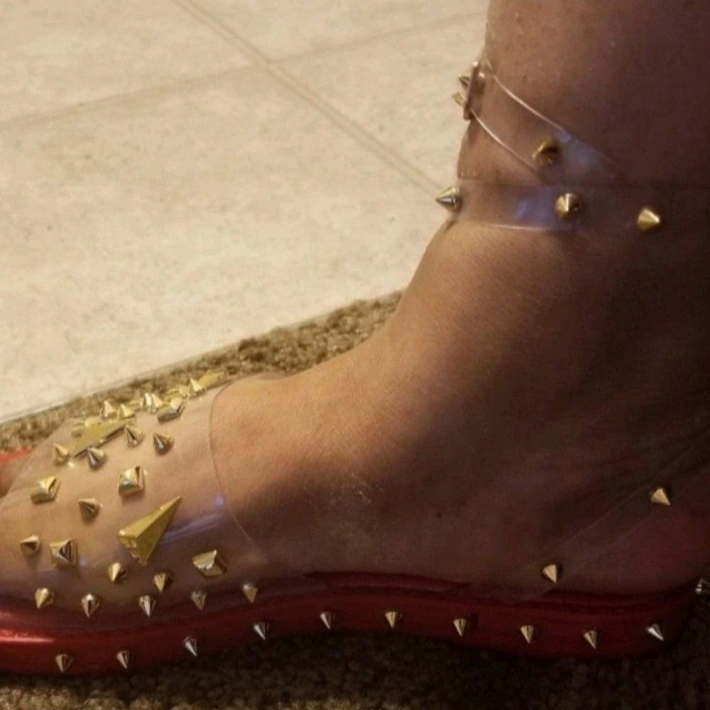 Red and Clear Gold Stud Strappy Sandals - Picture 3 of 6